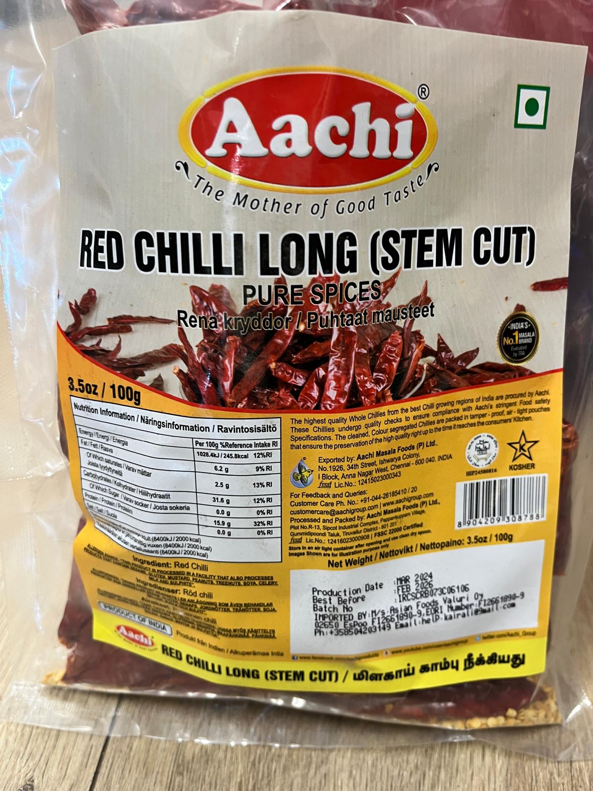 Aachi Red Chilli Long 100g(stem Cut)